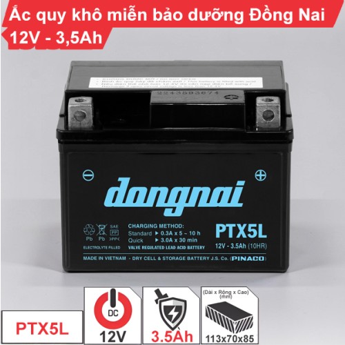 Ắc quy khô miễn bảo dưỡng Đồng Nai PTX5L - 12V - 3,5Ah