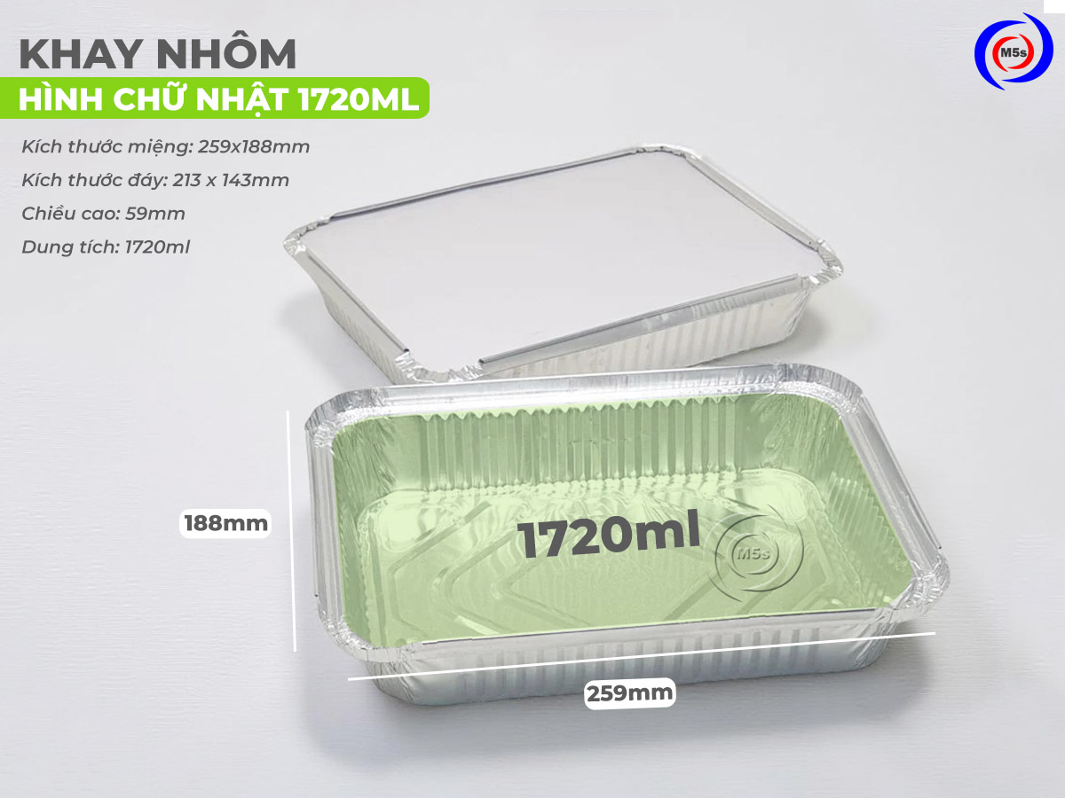 kích thước khay nhôm hình chữ nhật 1720ml