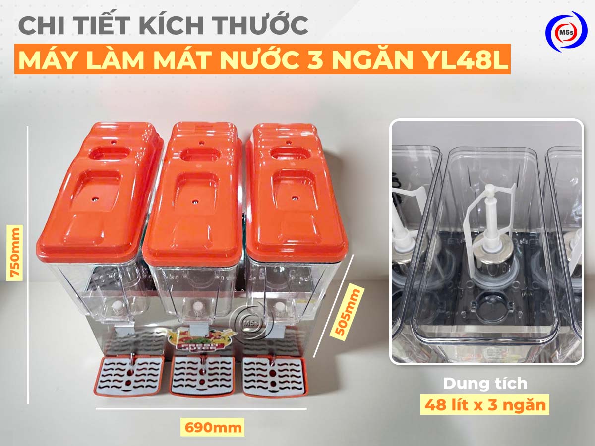 kích thước máy làm lạnh nước trái cây 3 ngăn YL48L