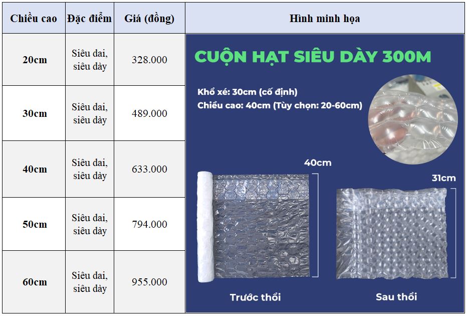 Bảng giá cuộn túi khí dạng hạt siêu dày