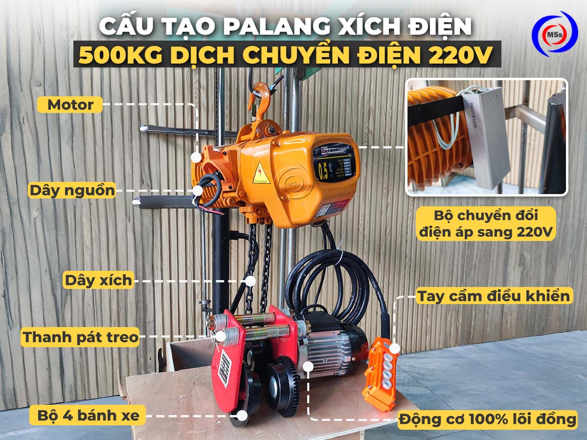 Cấu tạo pa lăng điện 500kg dịch chuyển 220V
