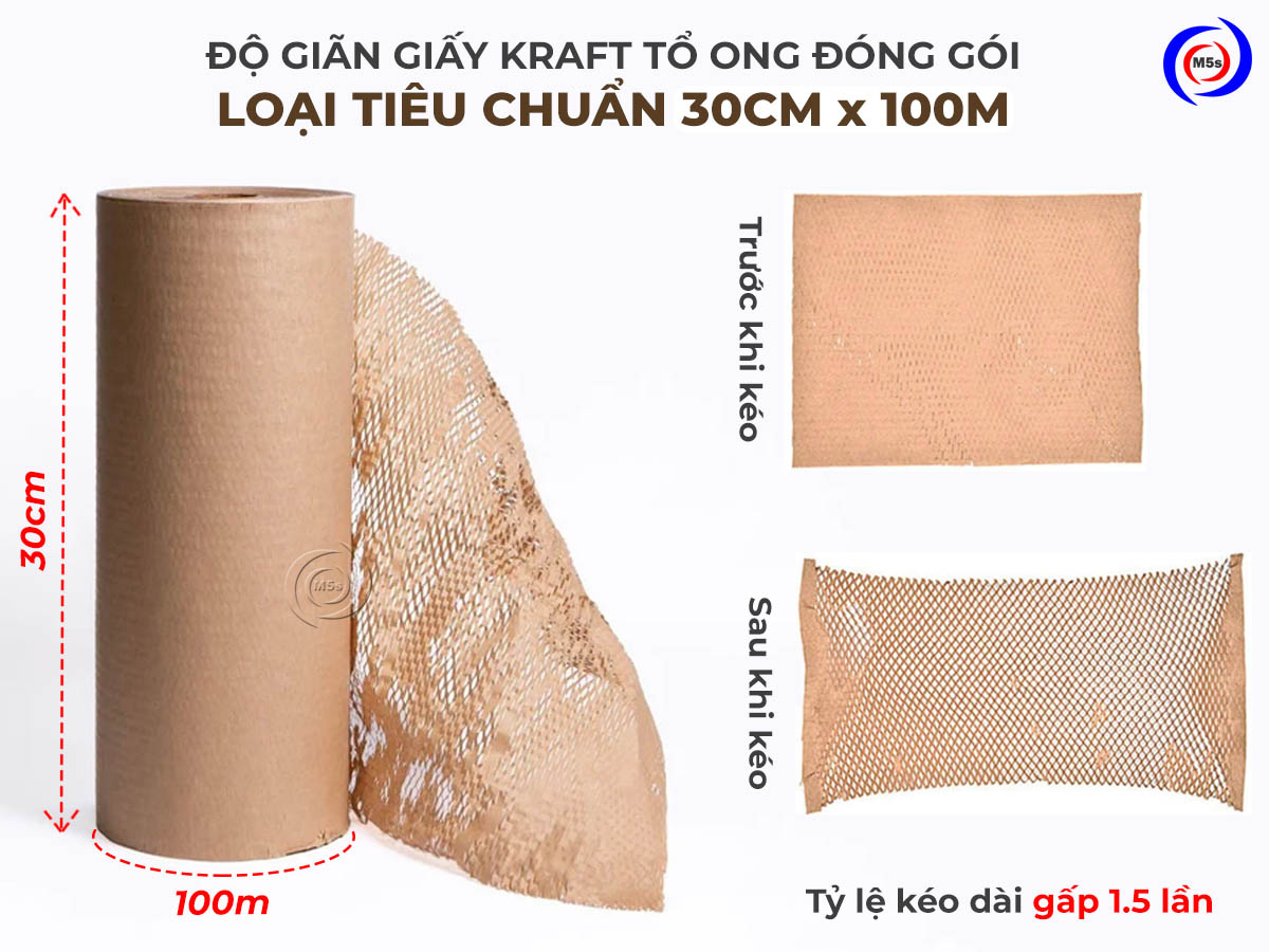 Độ giãn của giất kraft tổ ong gói hàng loại tiêu chuẩn màu nâu 30cm x 100m