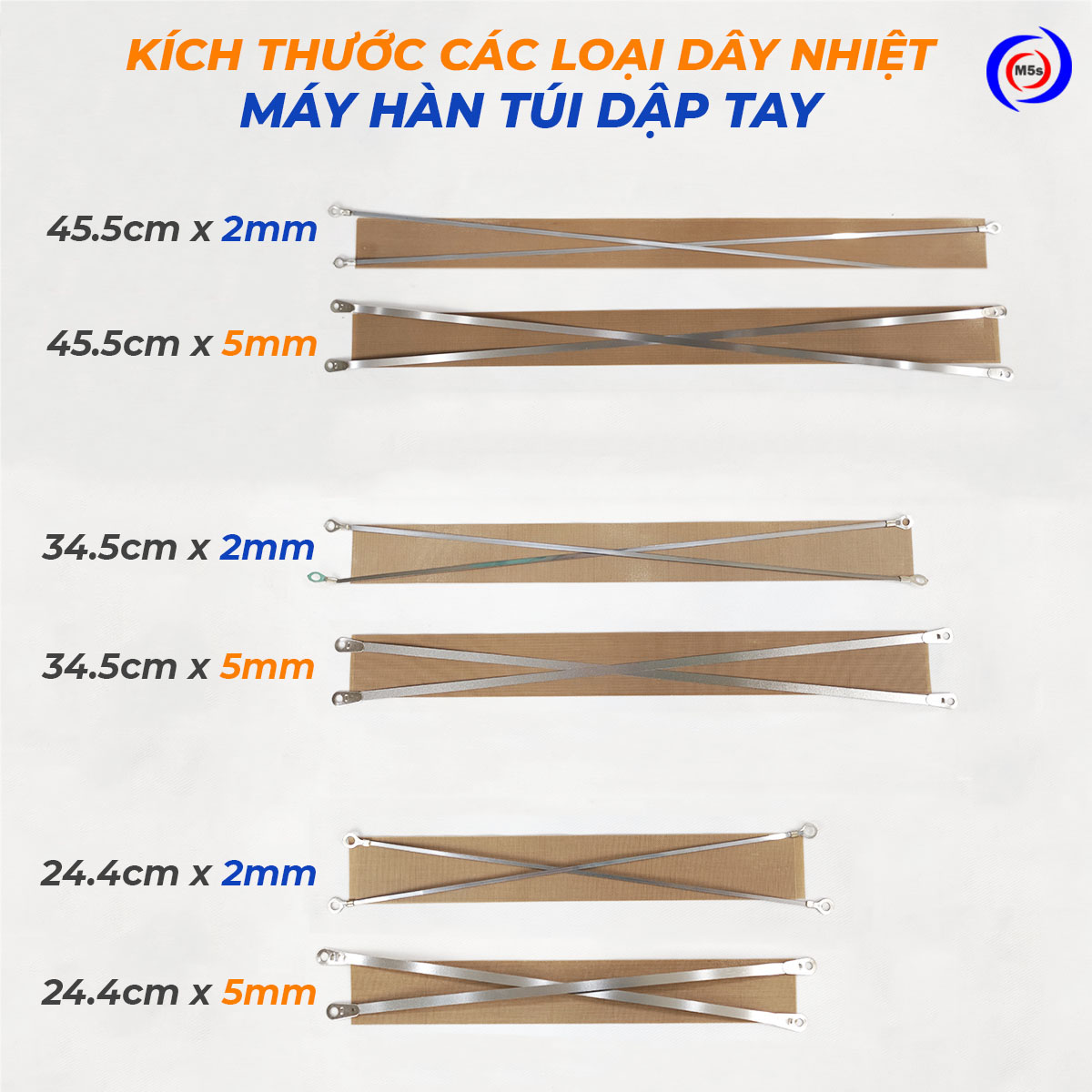 Kích thước các loại dây nhiệt của máy hàn túi dập tay