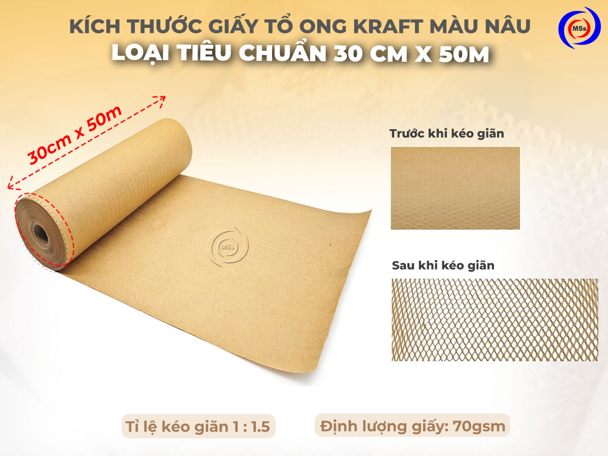 Kích thước giấy tổ ong Kraft màu nâu tiêu chuẩn 30cm x 50m