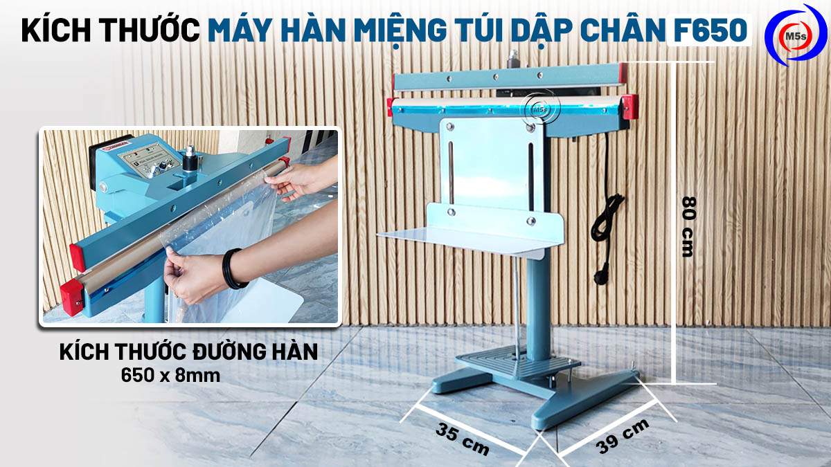 Kích thước máy ép miệng túi dập chân Stronger F-650