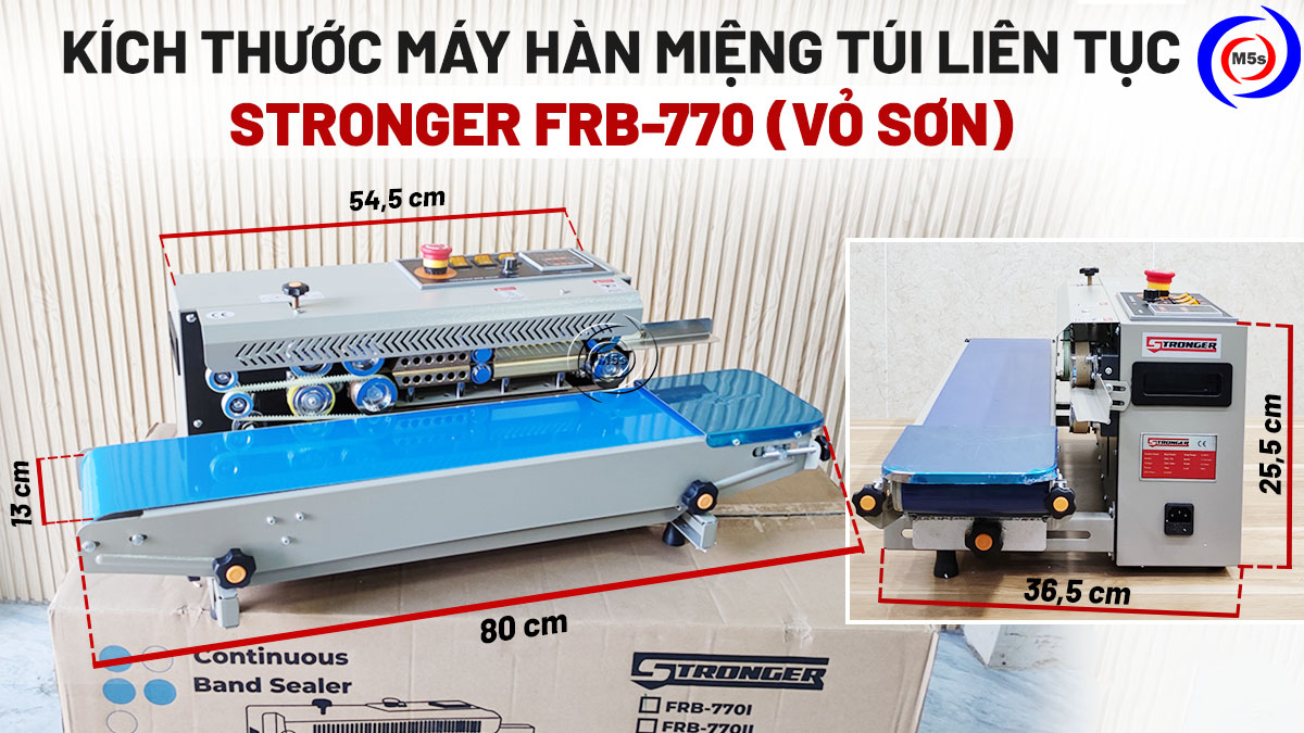 Kích thước máy hàn miệng túi liên tục Stronger FRB-770 vỏ sơn