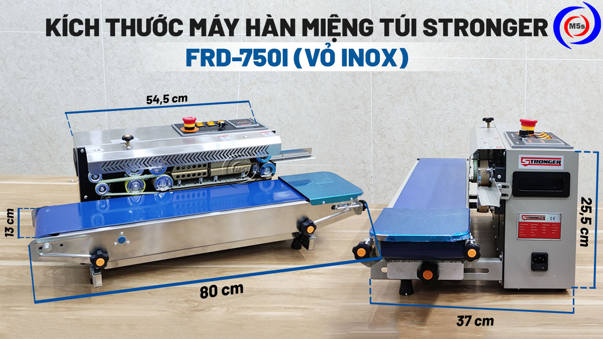 Kích thước máy hàn miệng túi Stronger FRD-750I vỏ inox