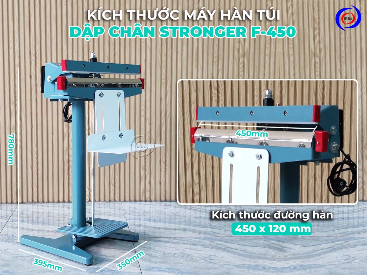 Kích thước máy hàn miệng túi dập chân Stronger F-450