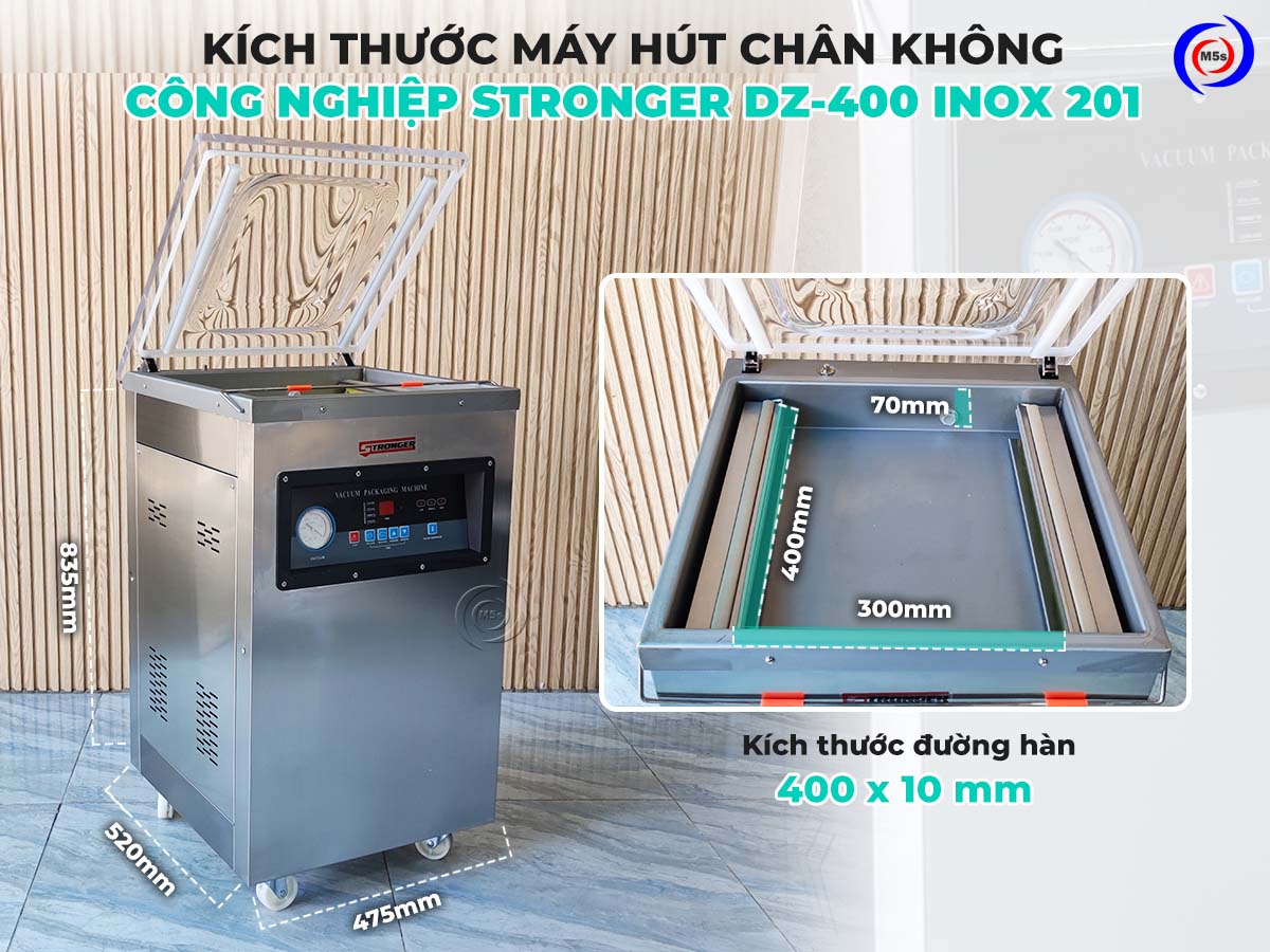 kích thước máy hút chân không Stronger DZ-400 inox 201