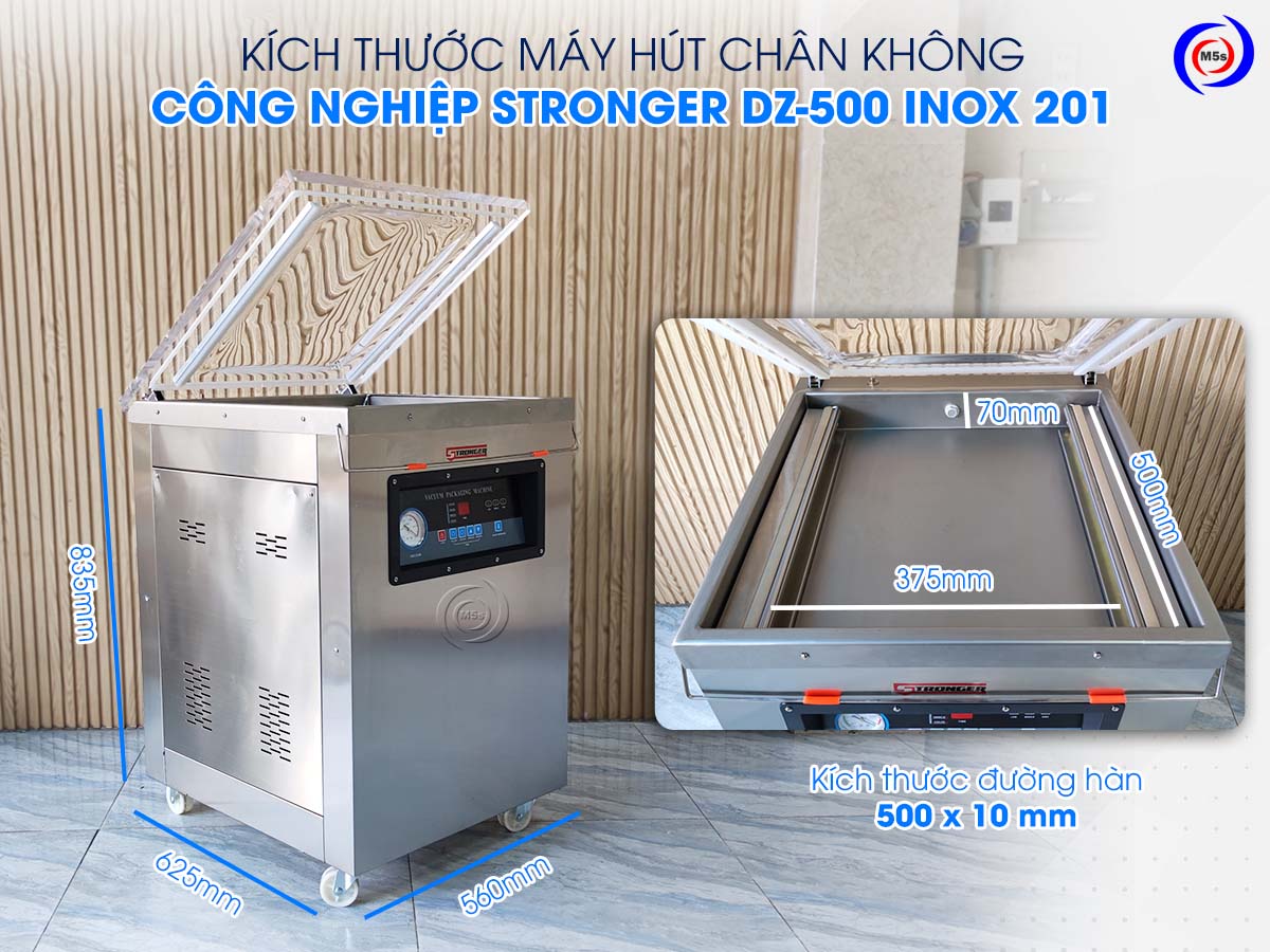 Kích thước máy hút chân không công nghiệp DZ-500 inox 201