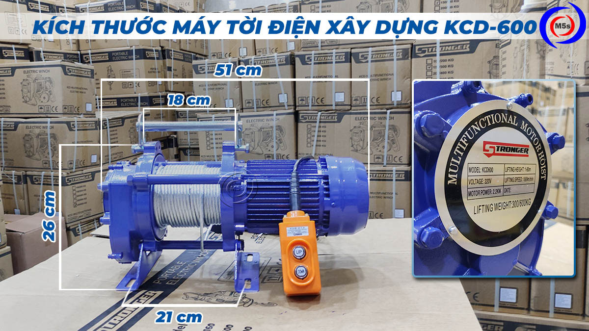 Kích thước máy tời điện xây dựng KCD600 Stronger