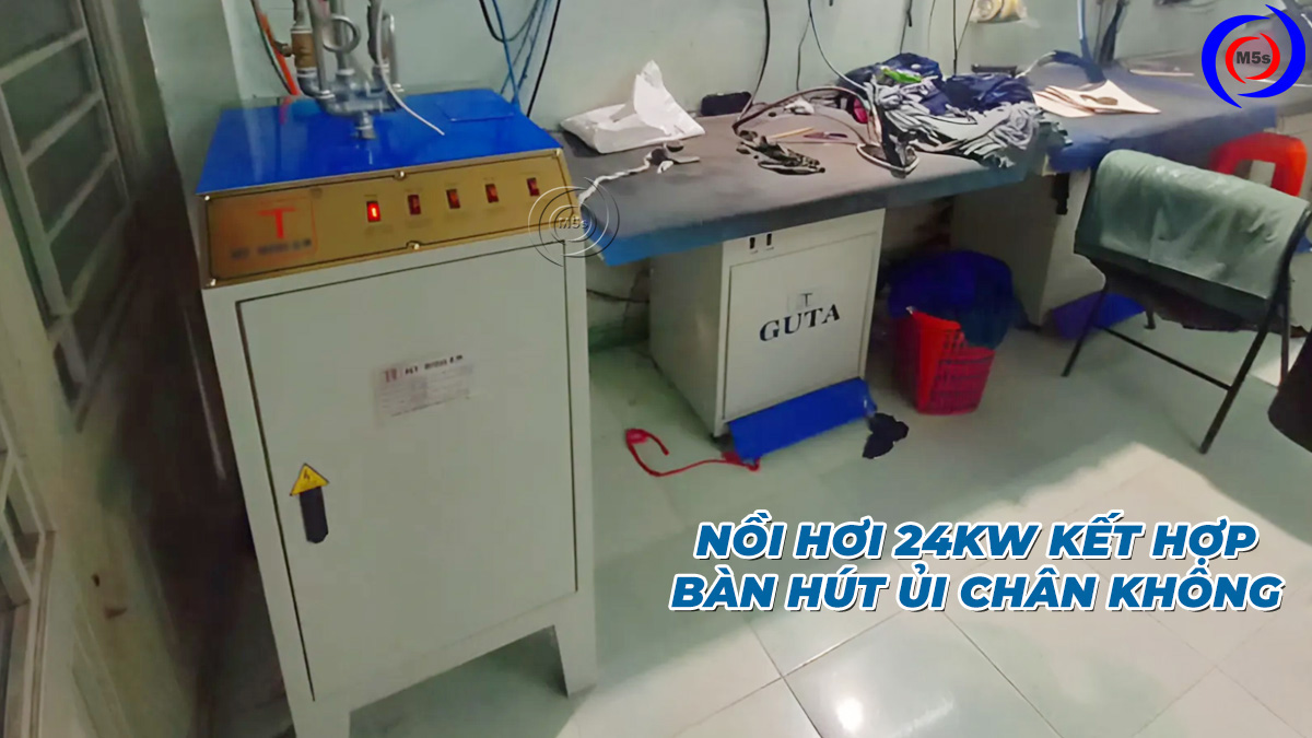 Nồi hơi 24kw kết nối với bàn ủi và bàn hút chân không