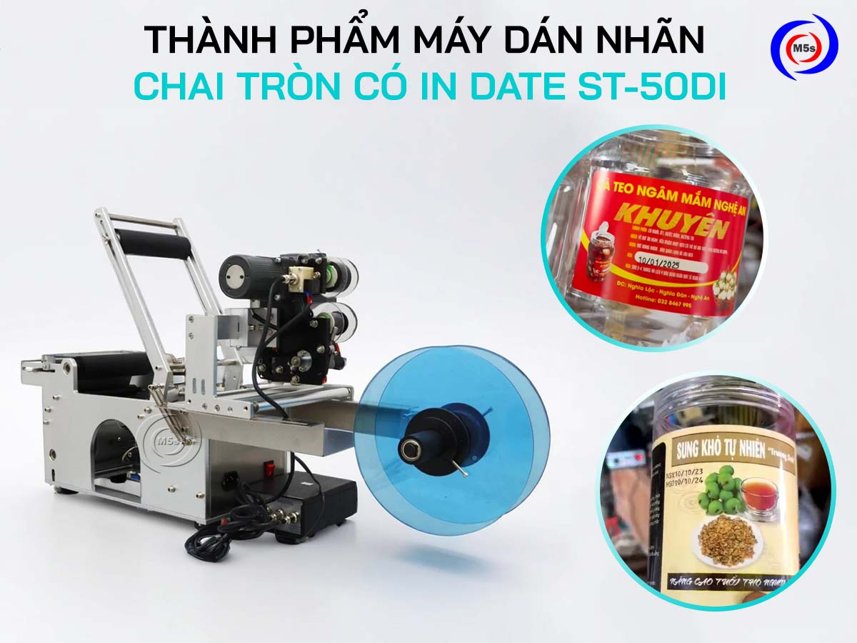 Thành phẩm của máy nhãn chai tròn có in date ST-50DI